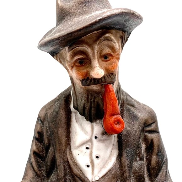 Vintage Bisque Figurine Of Old Man With Pipe Hat Reading Book Sitting on Bench - Picture 2 of 11